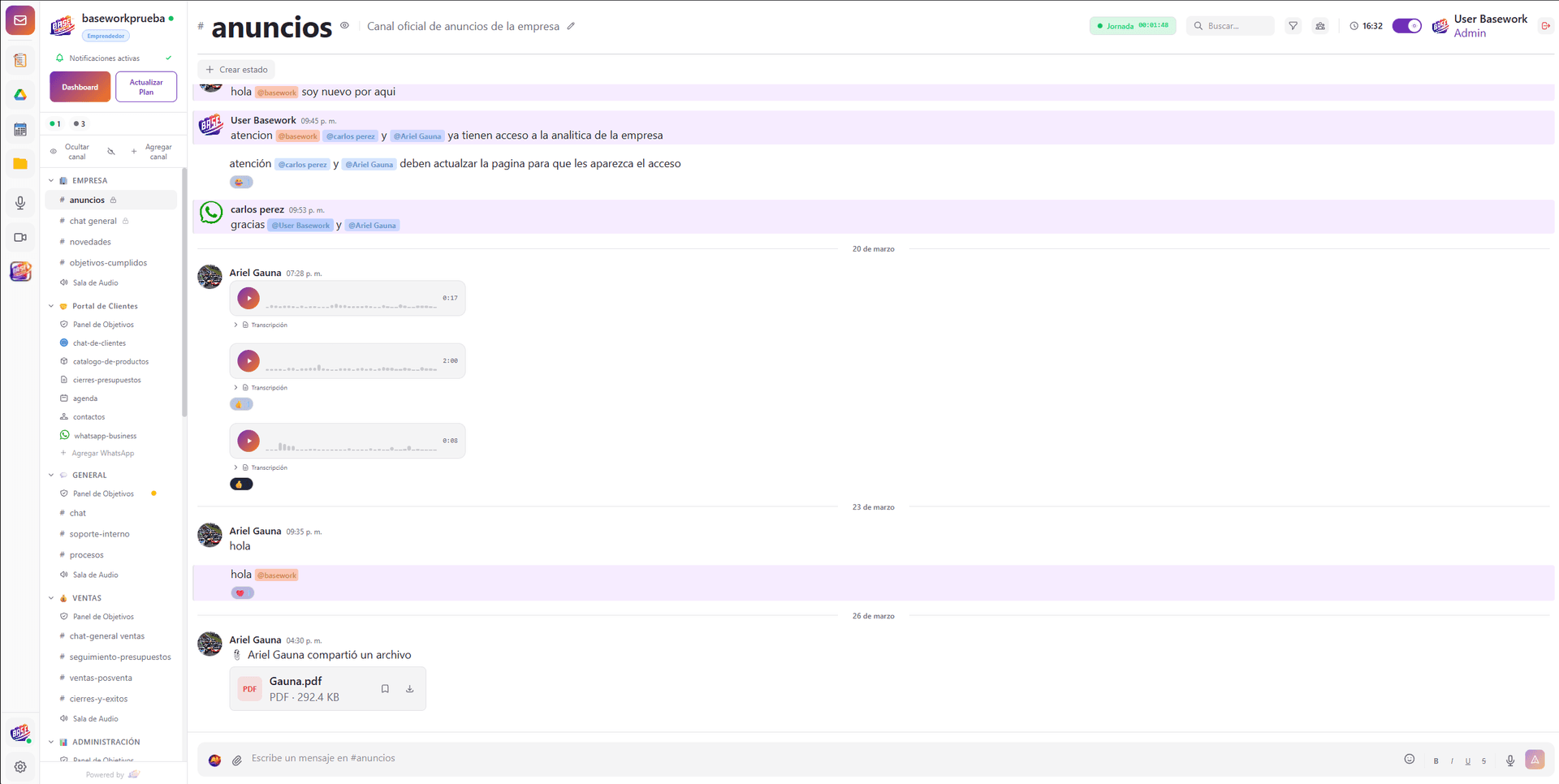 Basework Dashboard - Panel de control con salas de trabajo y chat de equipo